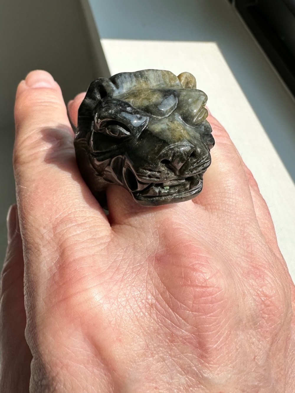 Grade A Natural Burmese Jadeite Jade Solid Carved Ring – Size 12.5 Tiger Head